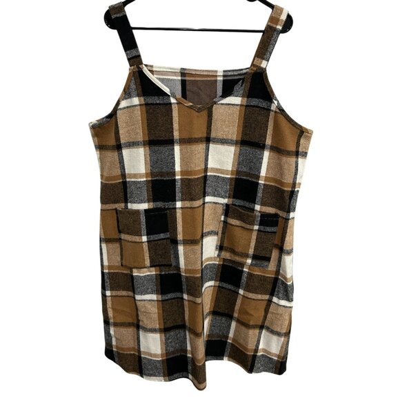 Sleeveless Plaid Pinafore Dress Pockets Brown Black Jumper Sz 1XL - Picture 1 of 11